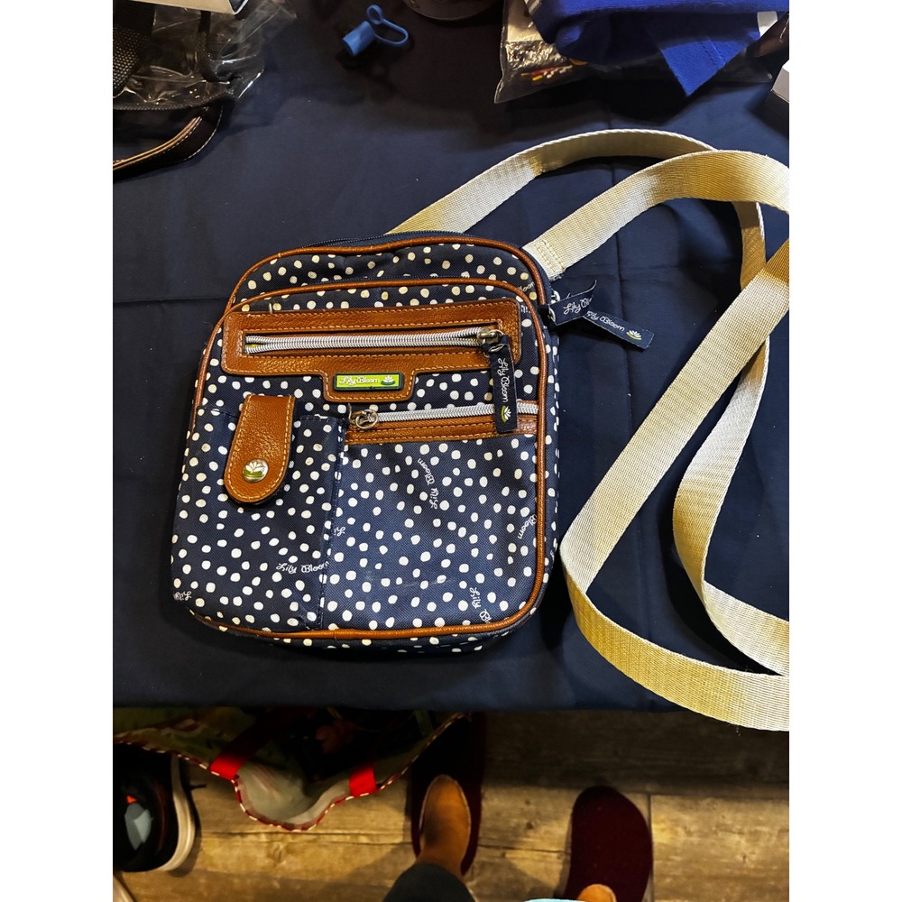 Lily Bloom Navy Polka Dot Crossbody Bag Brown Trim Adjustable Strap Small Purse